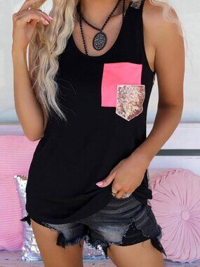 NWOT Black Sequin Chest Pocket Leopard Back Tank Top